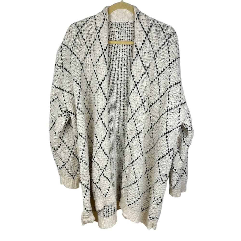 Eileen Fisher Diamond Kimono Cardigan L/XL Soft White and Black Organic Cotton - Picture 2 of 6